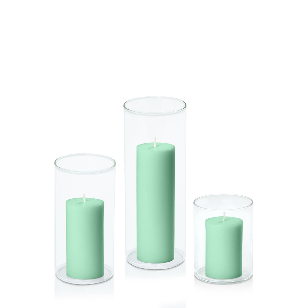 Mint Green 5cm Pillar in 8cm Glass, Sm - Set of 6