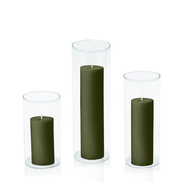 Olive 5cm Pillar in 8cm Glass, Med - Set of 6