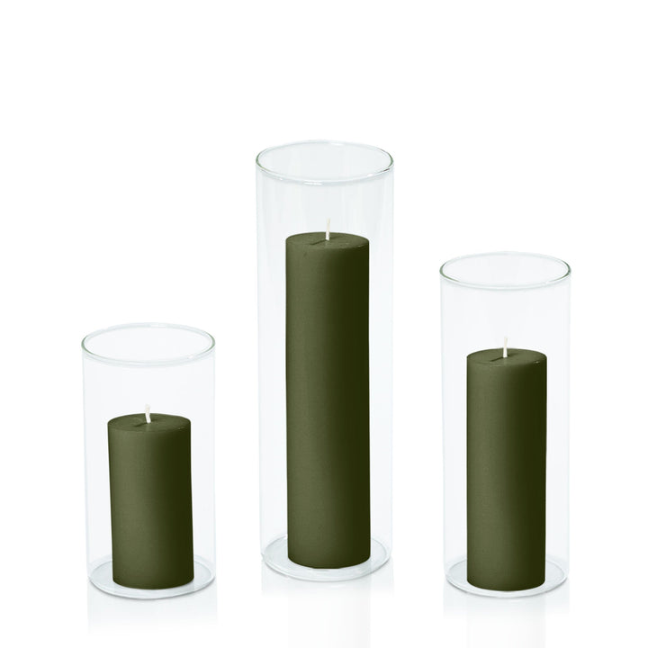 Olive 5cm Pillar in 8cm Glass, Med - Set of 6