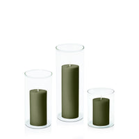 Olive 5cm Pillar in 8cm Glass Set - Sm