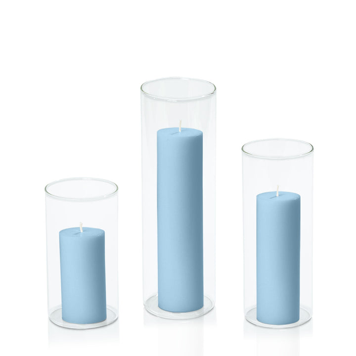 Pastel Blue 5cm Pillar in 8cm Glass, Med - Set of 6
