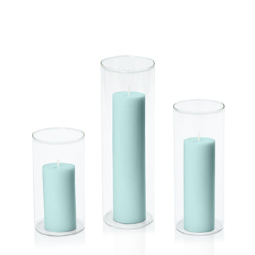 Pastel Teal 5cm Pillar in 8cm Glass, Med - Set of 6