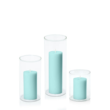 Pastel Teal 5cm Pillar in 8cm Glass, Sm - Set of 6