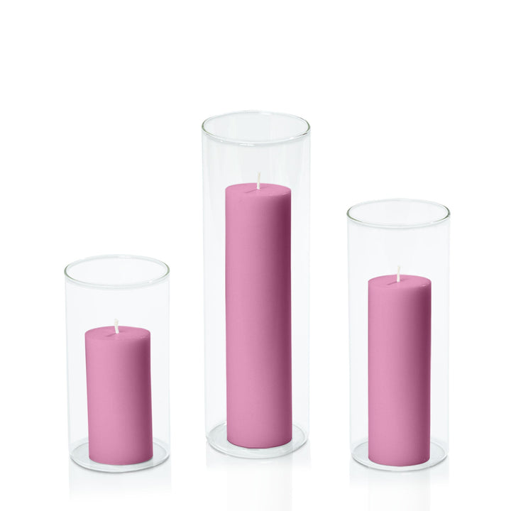 Rose Pink 5cm Pillar in 8cm Glass, Med - Set of 6