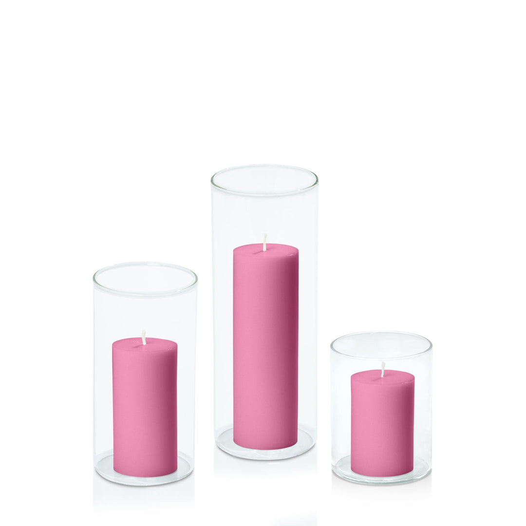 Rose Pink 5cm Pillar in 8cm Glass, Sm - Set of 6