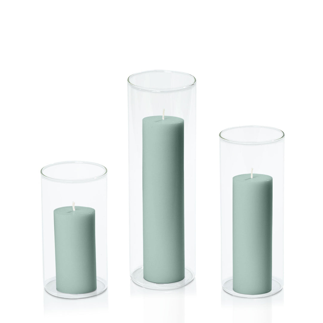 Sage Green 5cm Pillar in 8cm Glass, Med - Set of 6
