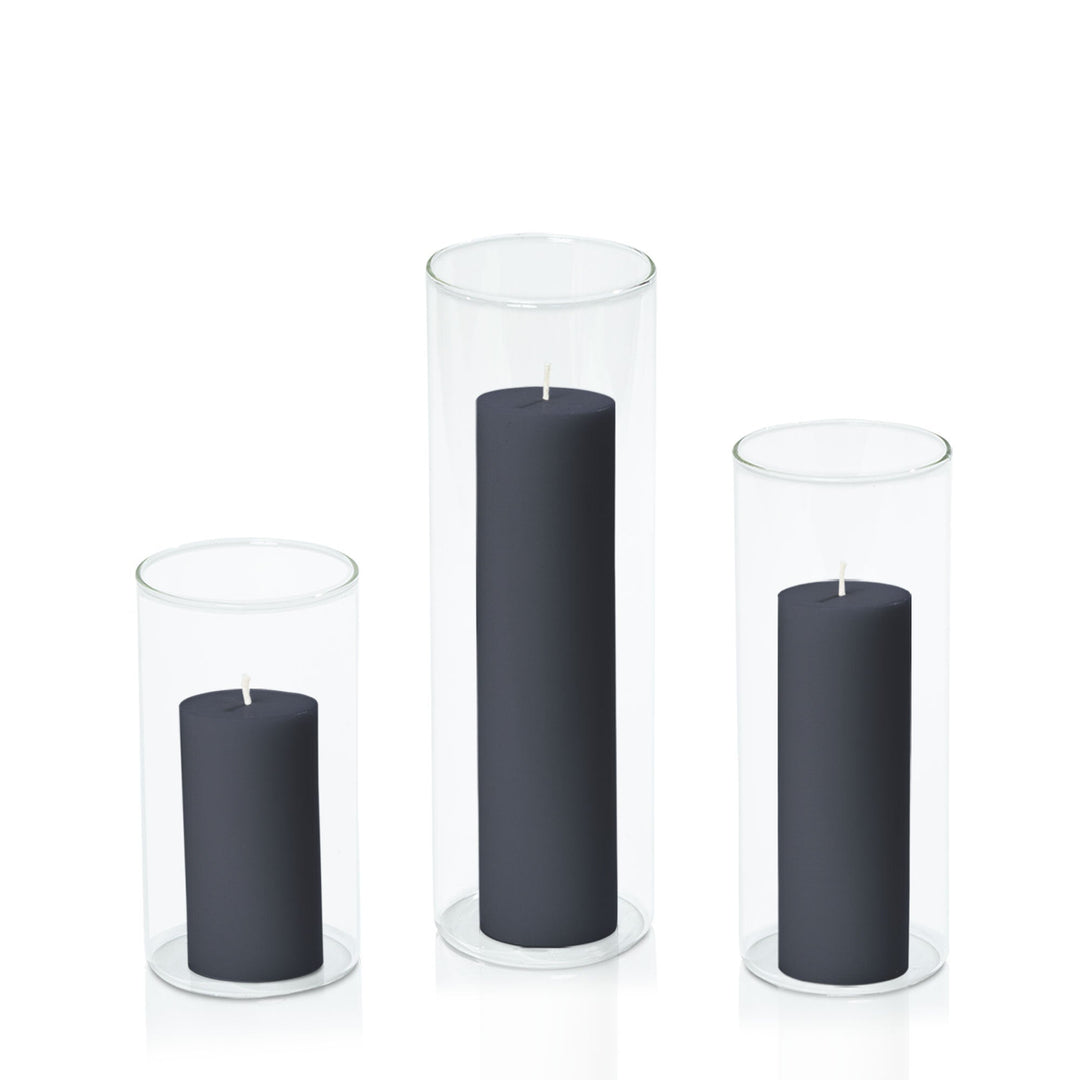 Steel Blue 5cm Pillar in 8cm Glass, Med - Set of 6