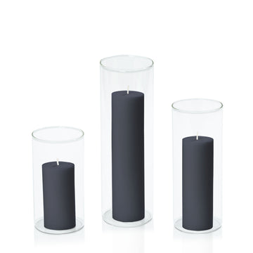 Steel Blue 5cm Pillar in 8cm Glass, Med - Set of 6