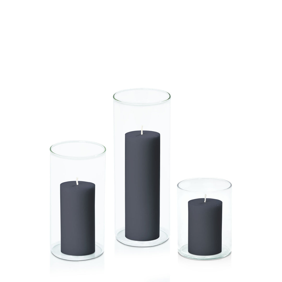 Steel Blue 5cm Pillar in 8cm Glass, Sm - Set of 6