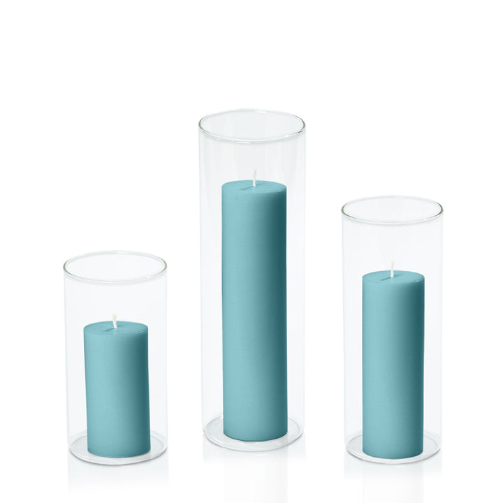 Teal 5cm Pillar in 8cm Glass, Med - Set of 6