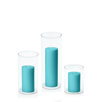 Teal 5cm Pillar in 8cm Glass, Sm - Set of 6