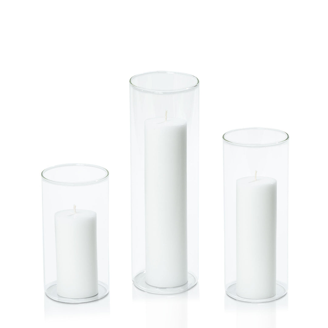 White 5cm Pillar in 8cm Glass, Med - Set of 6