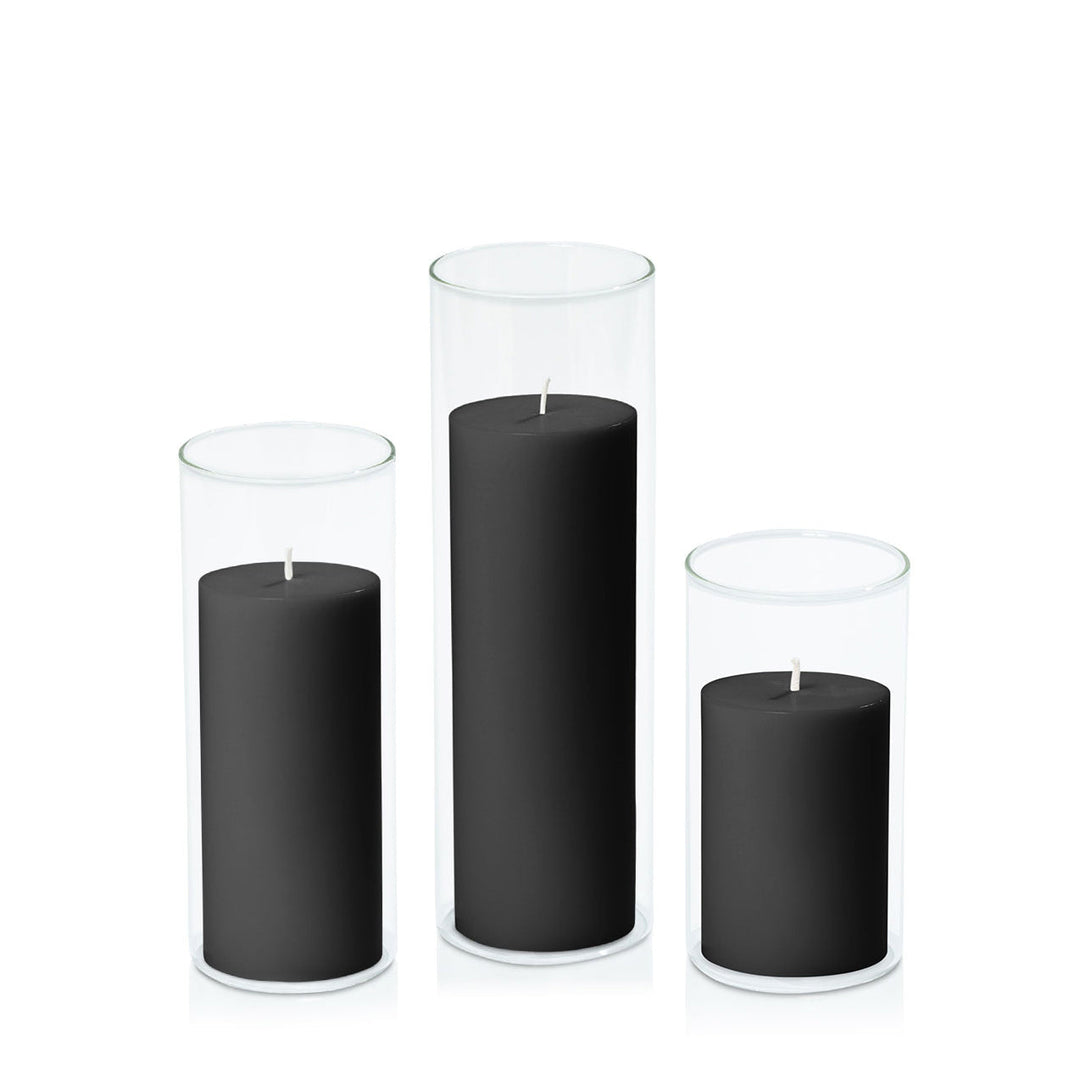 Black 7cm Pillar in 8cm Glass, Med - Set of 6