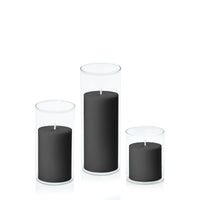 Black 7cm Pillar in 8cm Glass Set - Sm