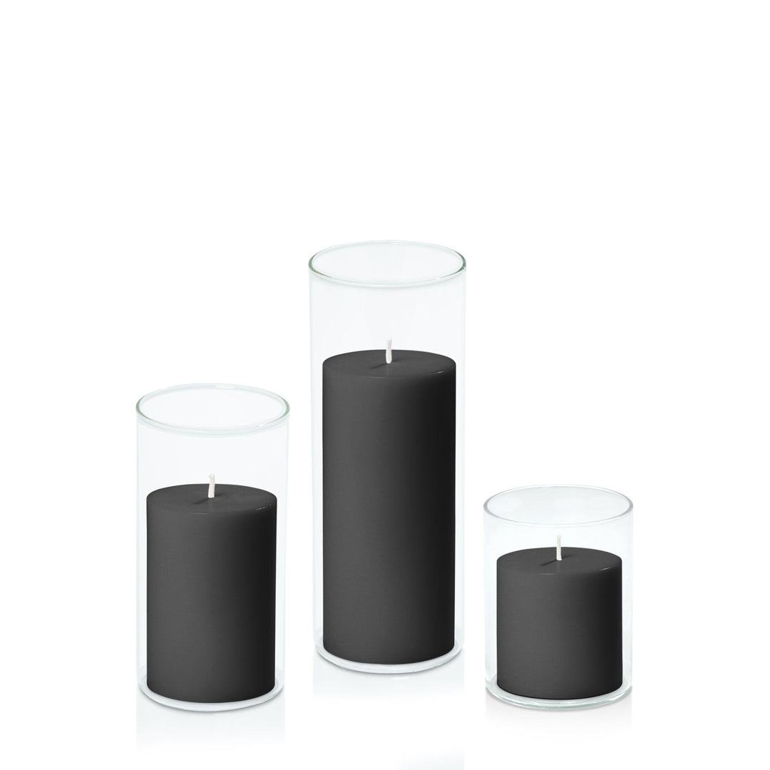 Black 7cm Pillar in 8cm Glass, Sm - Set of 6