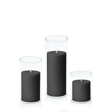 Black 7cm Pillar in 8cm Glass, Sm - Set of 6