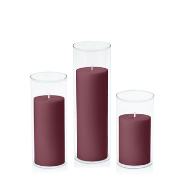 Burgundy 7cm Pillar in 8cm Glass, Med - Set of 6