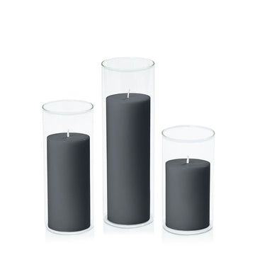 Charcoal 7cm Pillar in 8cm Glass, Med - Set of 6