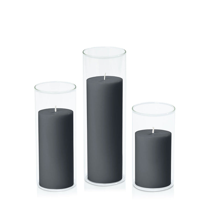 Charcoal 7cm Pillar in 8cm Glass, Med - Set of 6
