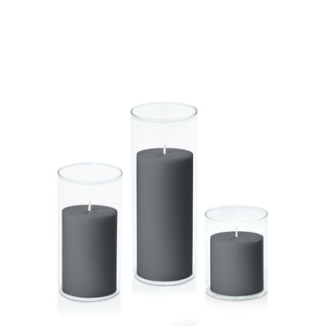 Charcoal 7cm Pillar in 8cm Glass, Sm - Set of 6