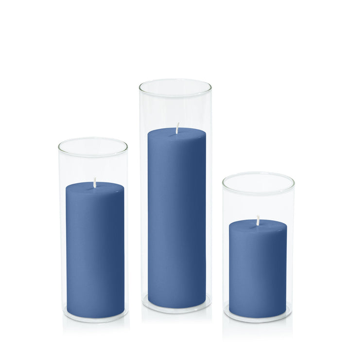 Dusty Blue 7cm Pillar in 8cm Glass, Med - Set of 6