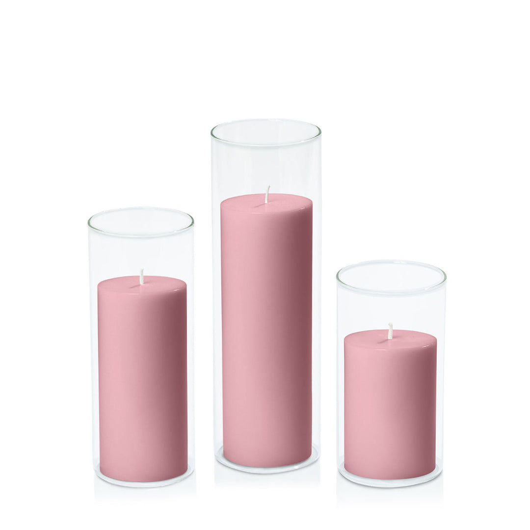 Dusty Pink 7cm Pillar in 8cm Glass, Med - Set of 6