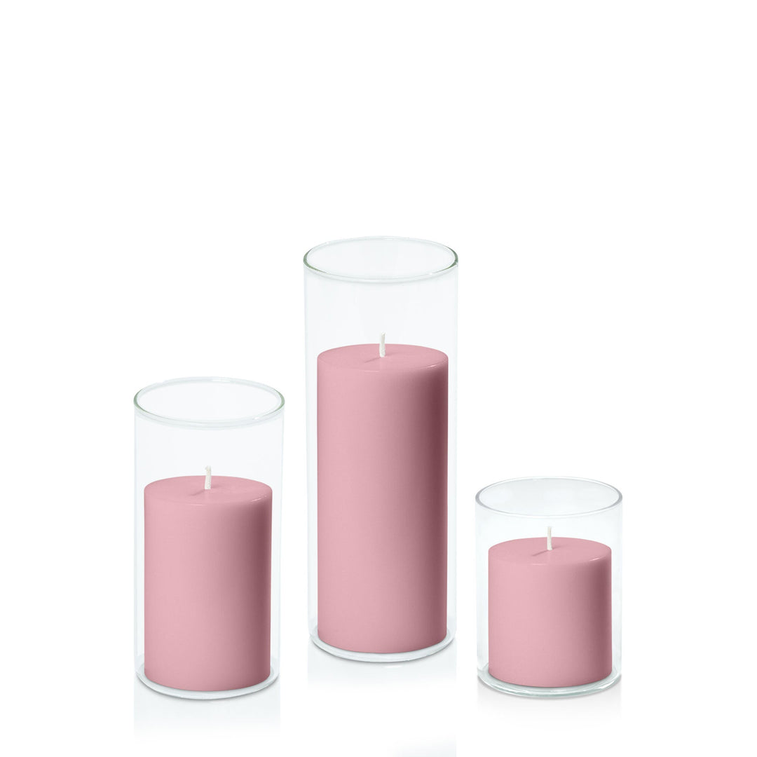 Dusty Pink 7cm Pillar in 8cm Glass, Sm - Set of 6