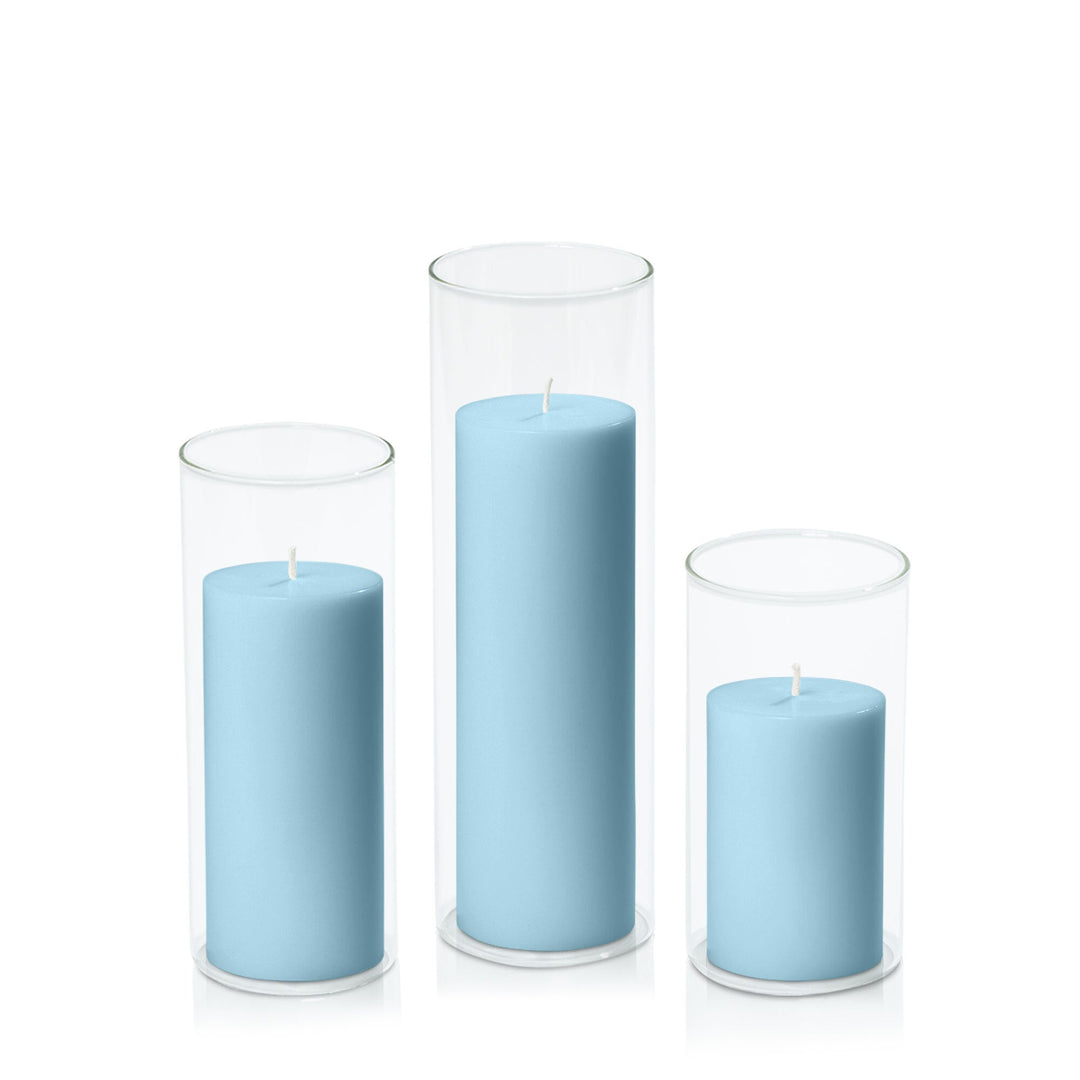 French Blue 7cm Pillar in 8cm Glass, Med - Set of 6