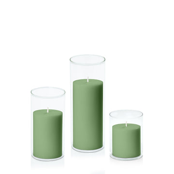 Green 7cm Pillar in 8cm Glass, Sm - Set of 6