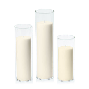 Ivory 7cm Pillar in 8cm Glass, Lg - Set of 6