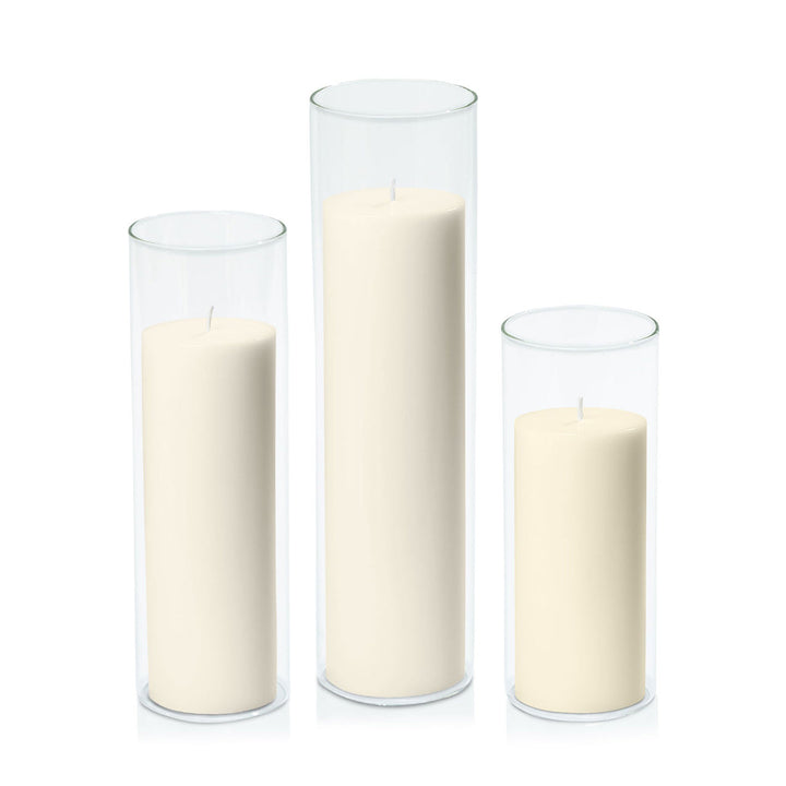 Ivory 7cm Pillar in 8cm Glass, Lg - Set of 6