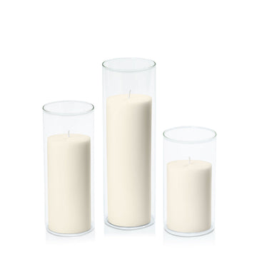 Ivory 7cm Pillar in 8cm Glass, Med - Set of 6