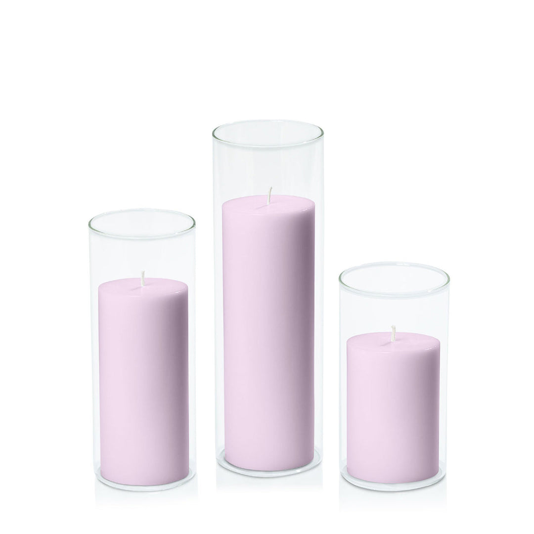 Lilac 7cm Pillar in 8cm Glass, Med - Set of 6