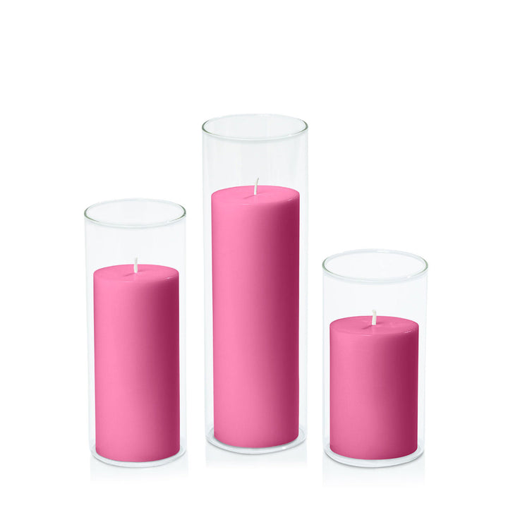 Magenta 7cm Pillar in 8cm Glass, Med - Set of 6