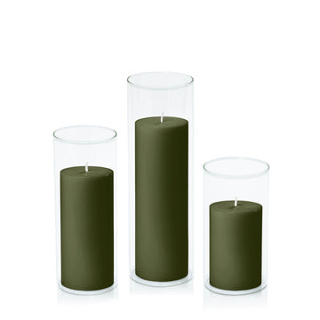 Olive 7cm Pillar in 8cm Glass, Med - Set of 6