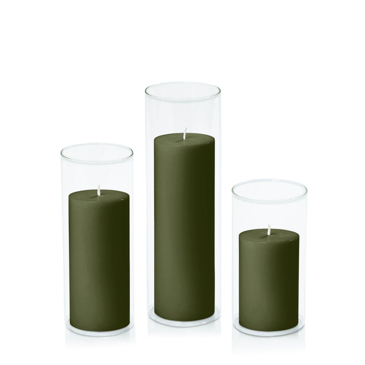 Olive 7cm Pillar in 8cm Glass, Med - Set of 6