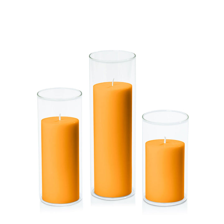 Orange 7cm Pillar in 8cm Glass, Med - Set of 6