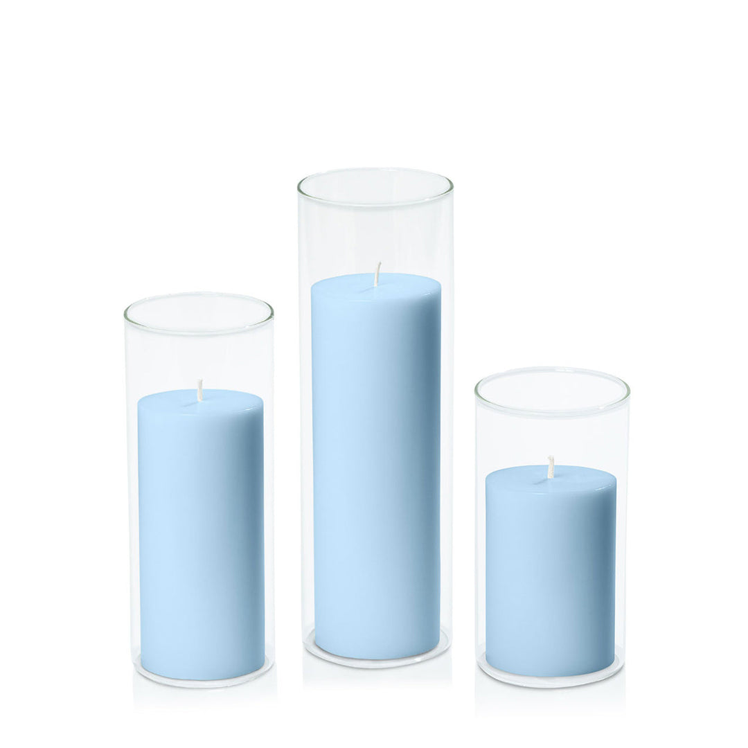 Pastel Blue 7cm Pillar in 8cm Glass, Med - Set of 6