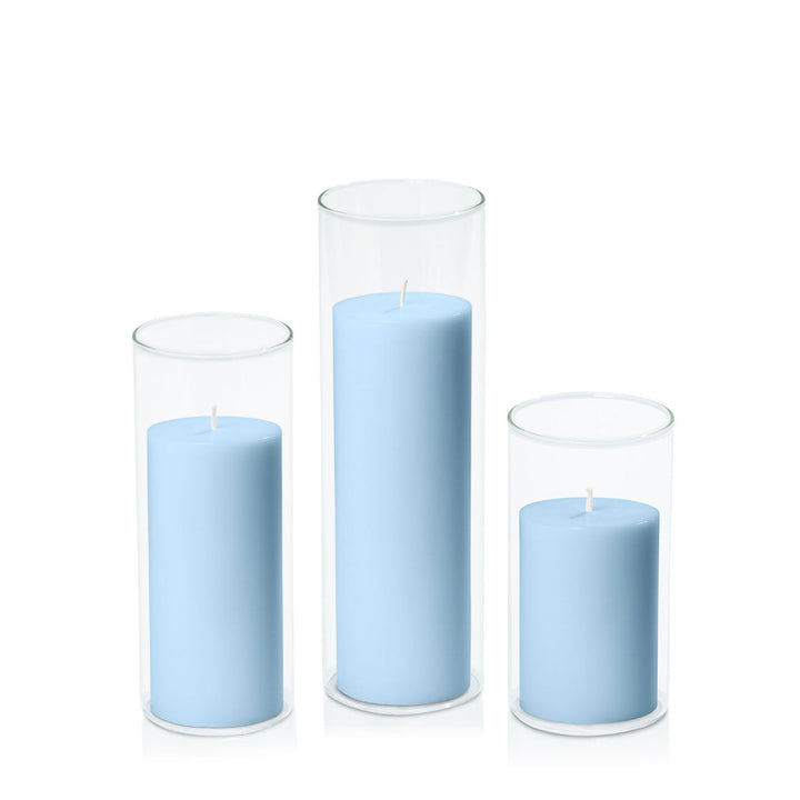 Pastel Blue 7cm Pillar in 8cm Glass, Med - Set of 6