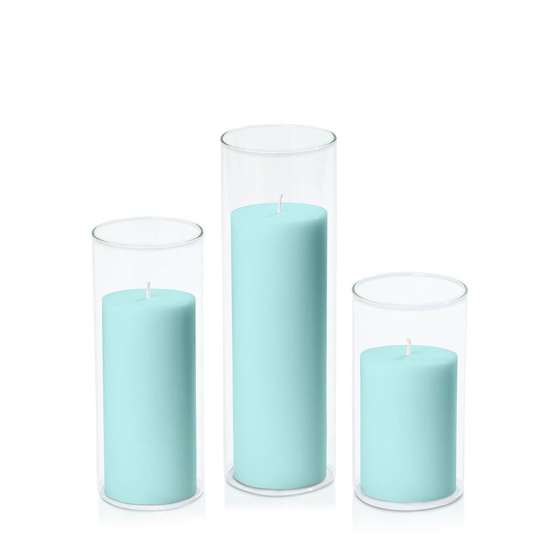 Pastel Teal 7cm Pillar in 8cm Glass, Med - Set of 6