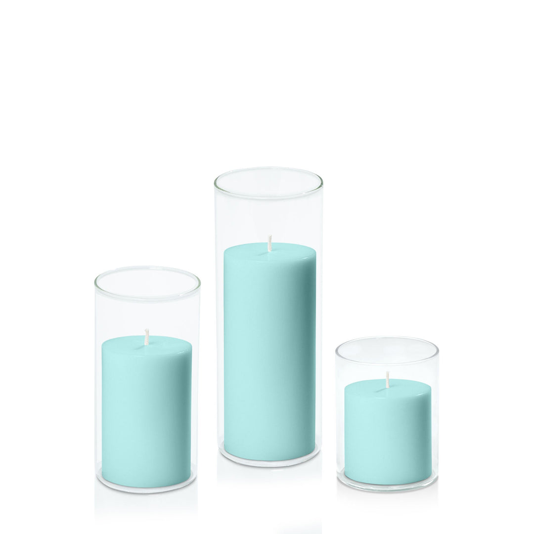 Pastel Teal 7cm Pillar in 8cm Glass, Sm - Set of 6