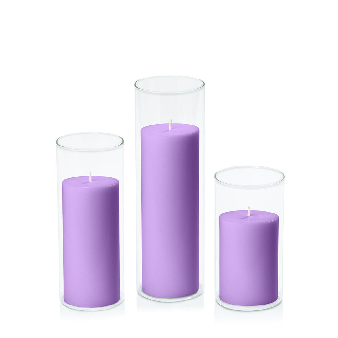 Purple 7cm Pillar in 8cm Glass, Med - Set of 6