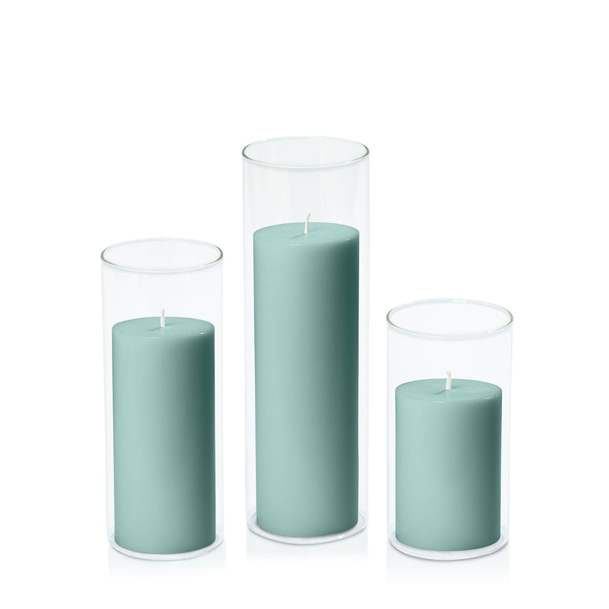 Sage Green 7cm Pillar in 8cm Glass, Med - Set of 6