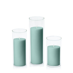 Sage Green 7cm Pillar in 8cm Glass, Med - Set of 6