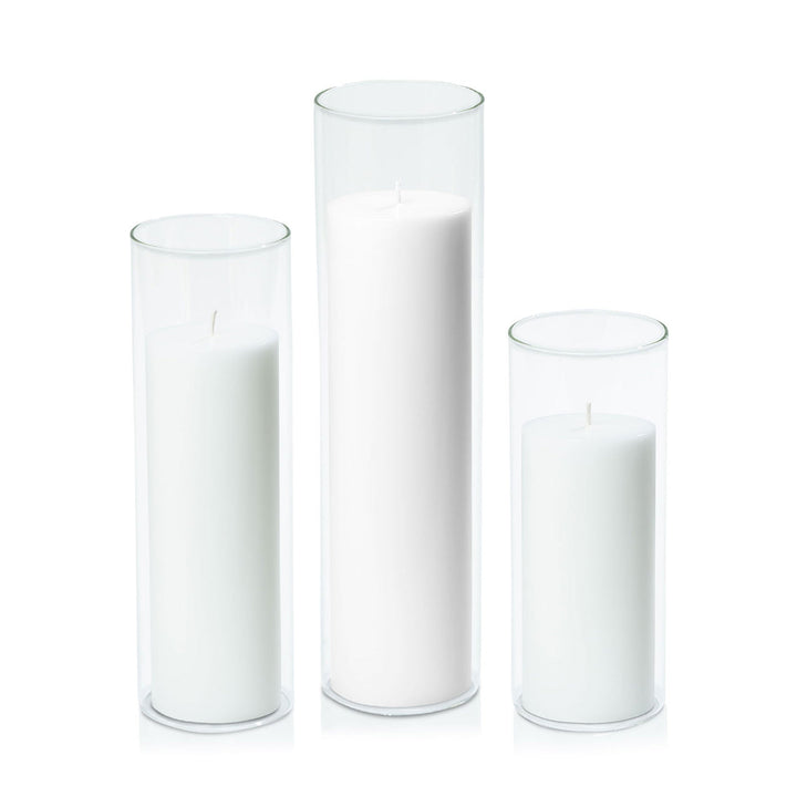 White 7cm Pillar in 8cm Glass, Lg - Set of 6