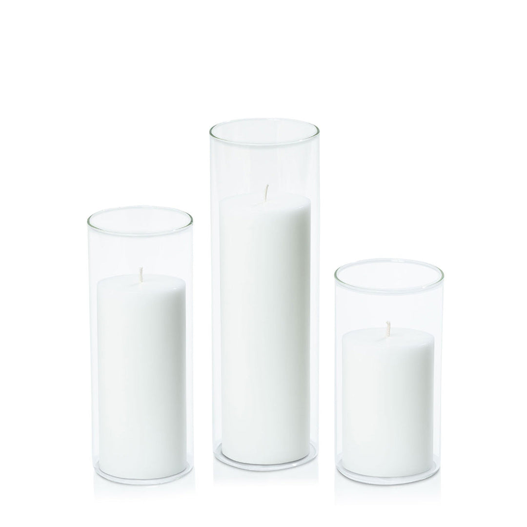 White 7cm Pillar in 8cm Glass, Med - Set of 6
