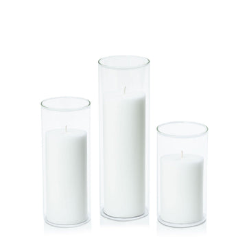 White 7cm Pillar in 8cm Glass, Med - Set of 6