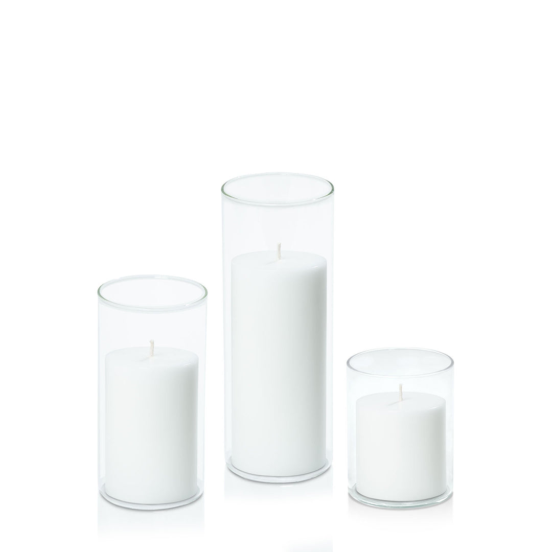 White 7cm Pillar in 8cm Glass, Sm - Set of 6
