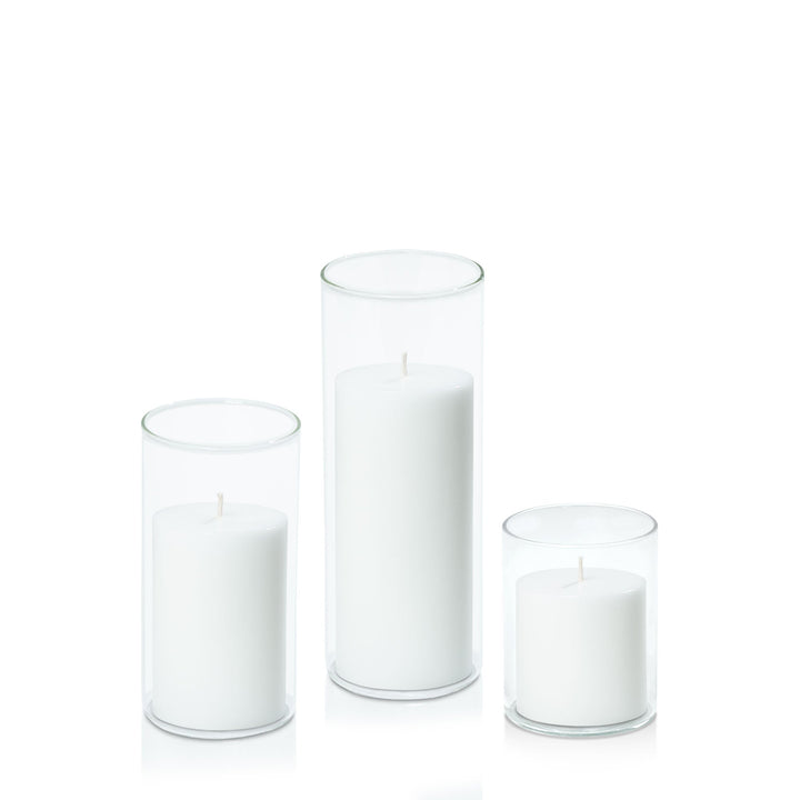 White 7cm Pillar in 8cm Glass, Sm - Set of 6