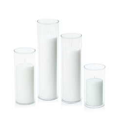 White 7cm Event Pillar in 8cm Glass, Med - Set of 6